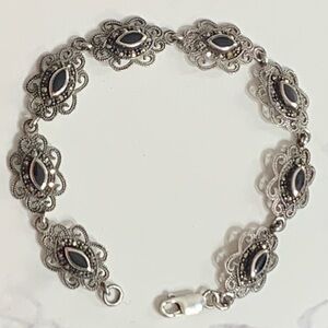 Antique / Vintage 925 Sterling Silver Marcasite Onyx Art Deco Bracelet  size 7.1